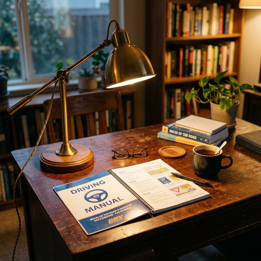 Study desk with open driving manual, reading lamp, glasses, books, and tea cup